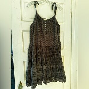 Lucky brand eyelet sundress in charcoal gray with adjustable tie-shoulder straps